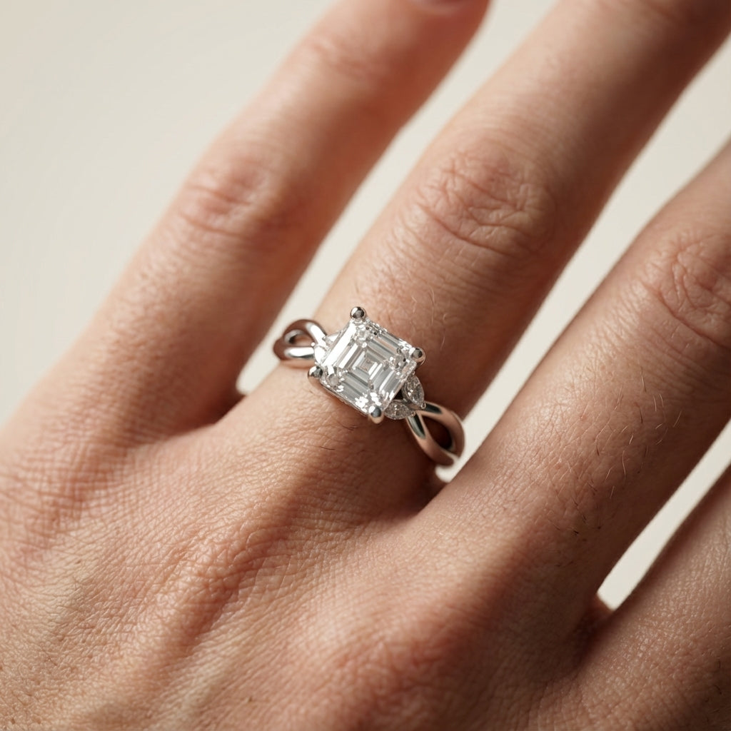Asscher Cut Lab Grown Diamond Twisted Engagement Ring in White Gold