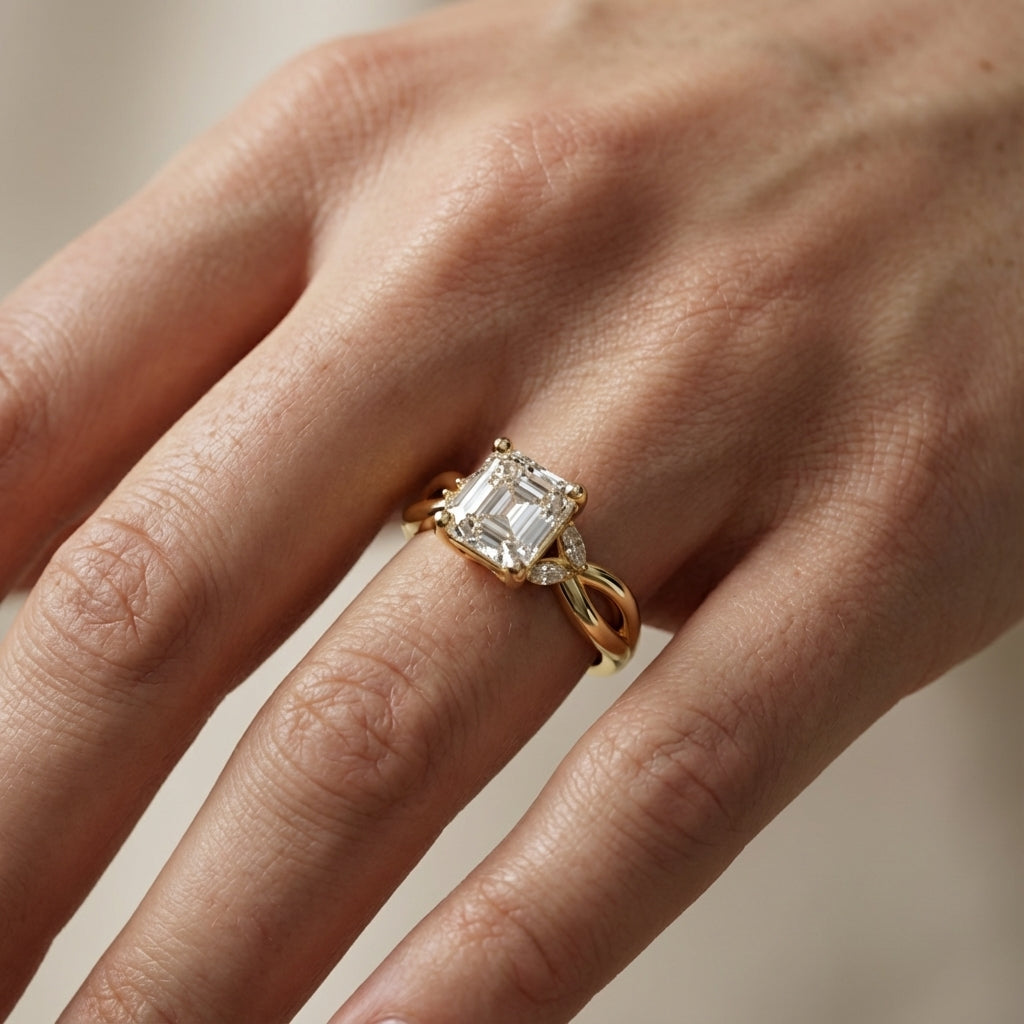 Asscher Cut Lab Grown Diamond Twisted Engagement Ring in Yellow Gold