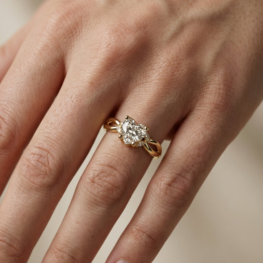 Heart Cut Lab Grown Diamond Engagement Ring with Twisted Shank in Yellow Gold