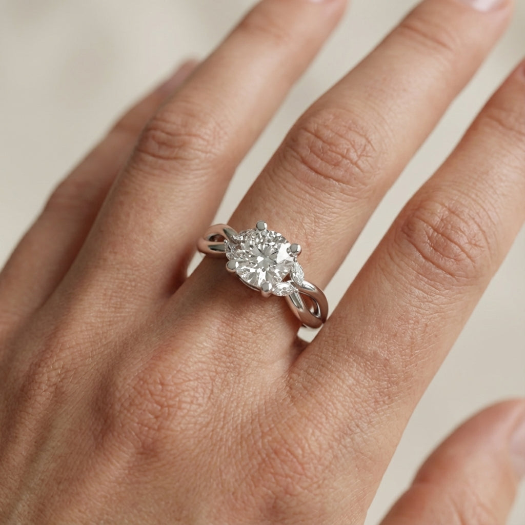 Cushion Cut Lab Grown Diamond Engagement Ring with Marquise Side Stones in Silver