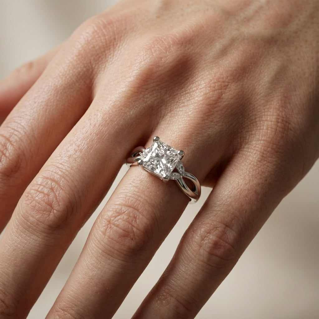 Princess Cut Lab Grown Diamond and Marquise Side Stone Engagement Ring in Silver