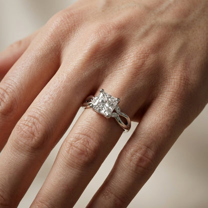 Princess Cut Lab Grown Diamond and Marquise Side Stone Engagement Ring in Silver