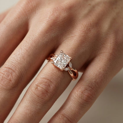 Radiant Cut Lab Grown Diamond Engagement Ring with Marquise Side Stones in Rose Gold with Twisted Band
