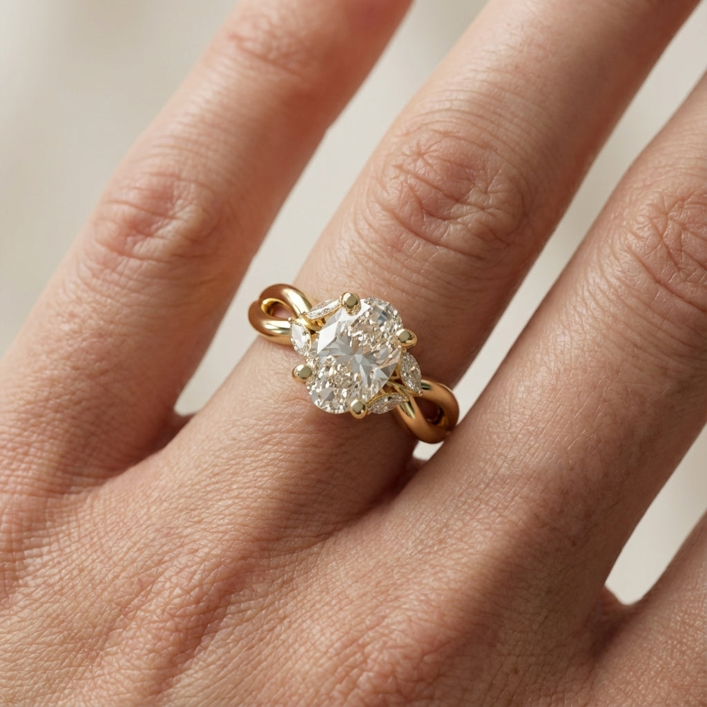 Oval Cut Lab Grown Diamond Twisted Engagement Ring in Yellow Gold