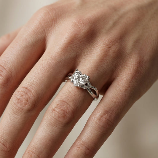 Heart Cut Lab Grown Diamond Engagement Ring with Twisted Shank in Silver