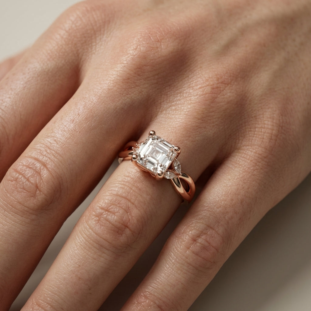 Asscher Cut Lab Grown Diamond Twisted Engagement Ring in Rose Gold