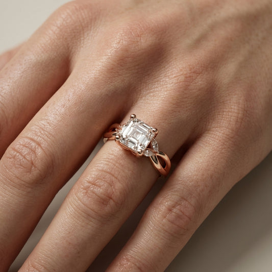 Asscher Cut Lab Grown Diamond Twisted Engagement Ring in Rose Gold