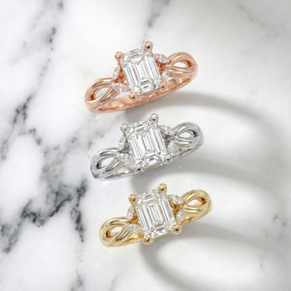 Emerald Cut Lab Grown Diamond Twisted Engagement Ring in White Gold with Marquise Side Stones