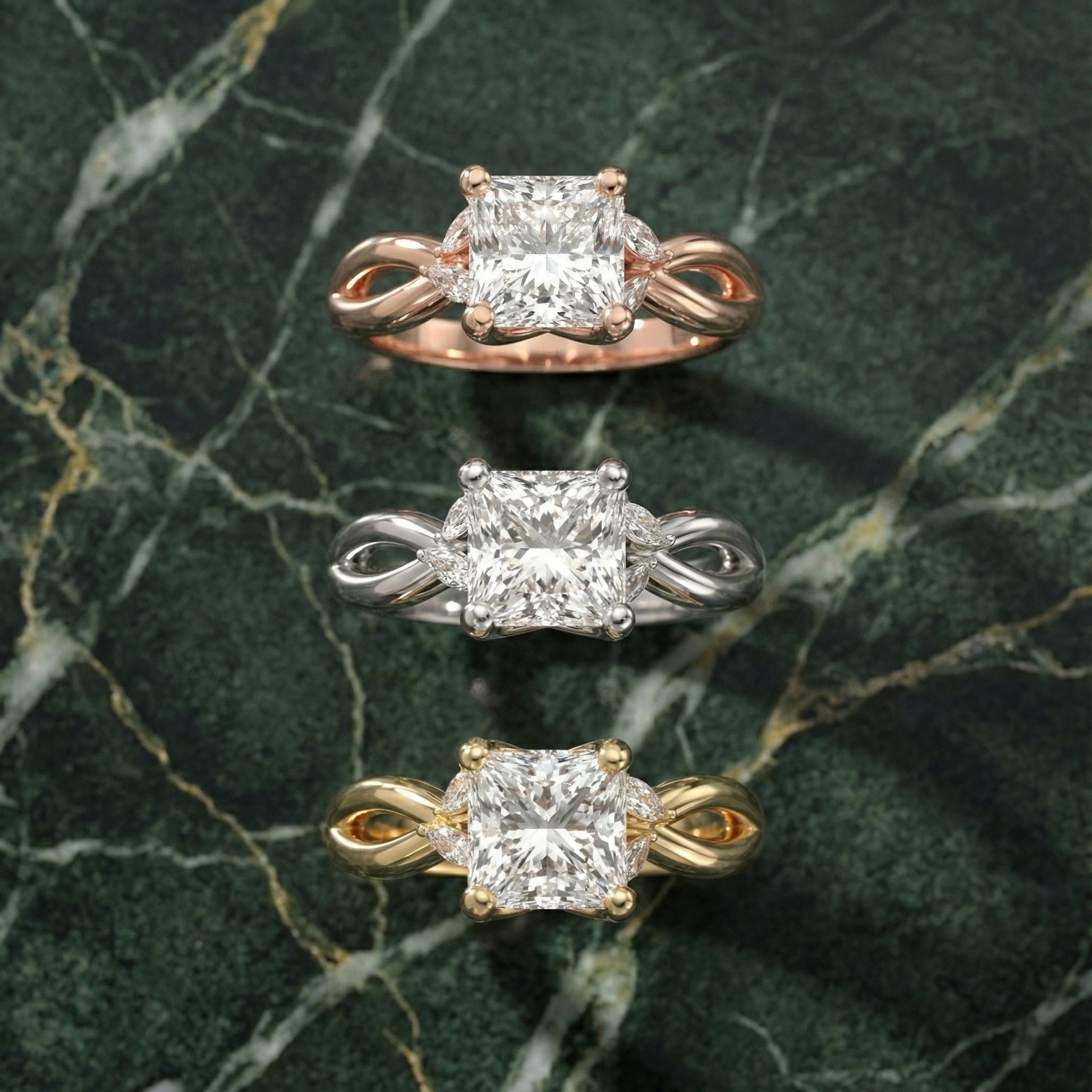 Princess Cut Lab Grown Diamond and Marquise Side Stone Engagement Ring in Silver