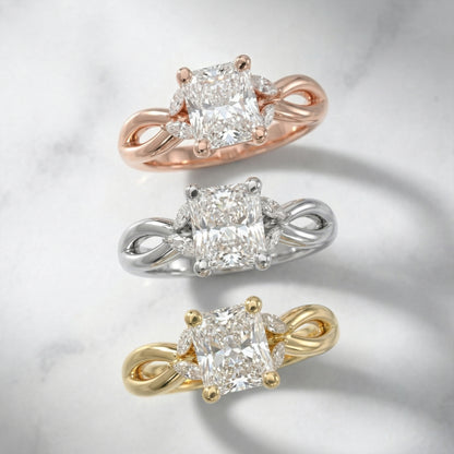 Radiant Cut Lab Grown Diamond Engagement Ring with Marquise Side Stones in Rose Gold with Twisted Band