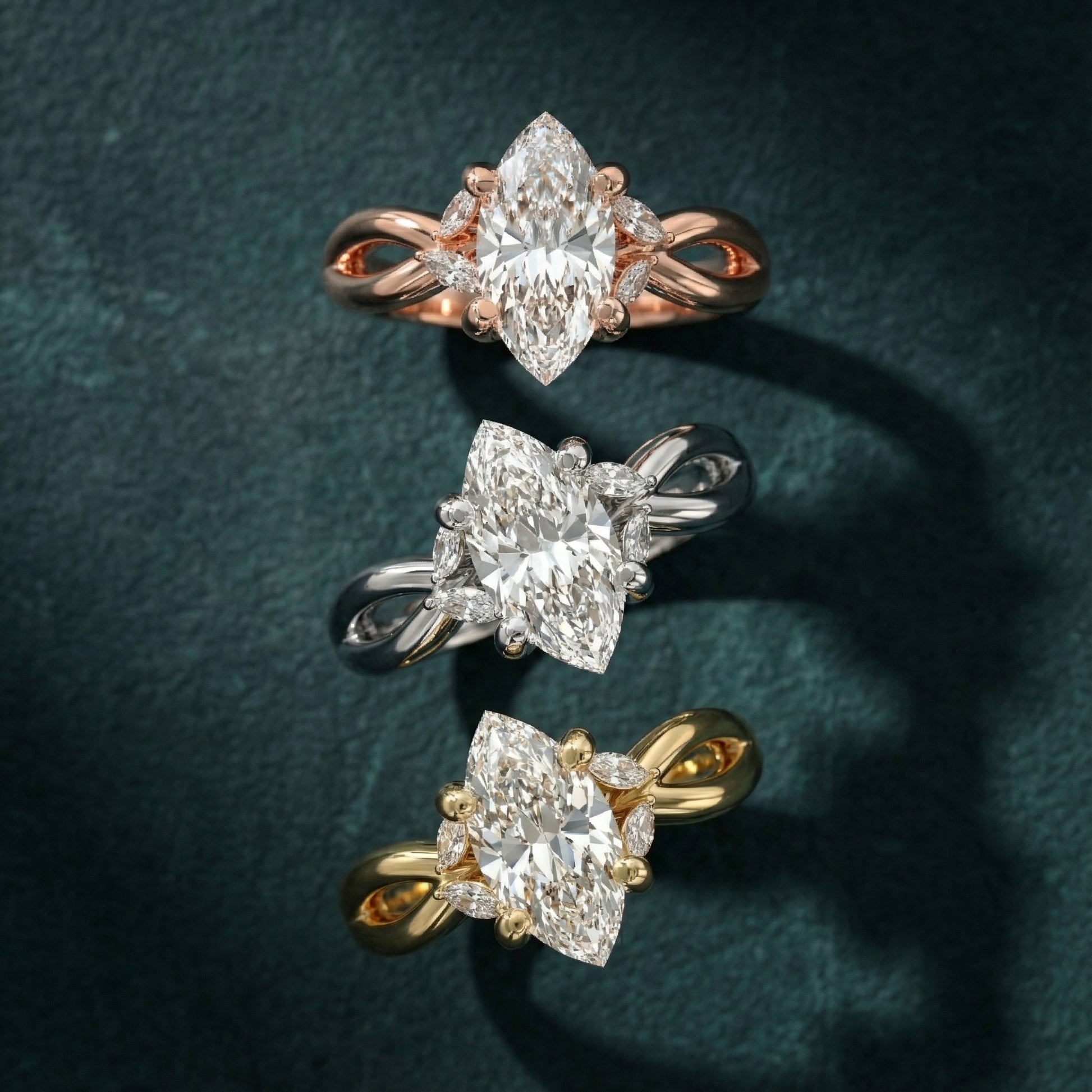 Marquise Cut Lab Grown Diamond Twisted Engagement Ring in Yellow Gold with side stones