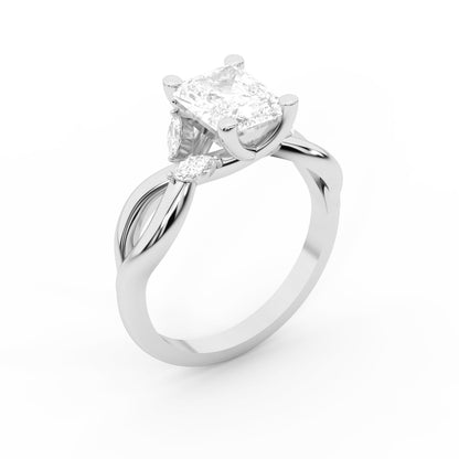 Radiant Cut Lab Grown Diamond Engagement Ring with Marquise Side Stones in Silver with Twisted Band