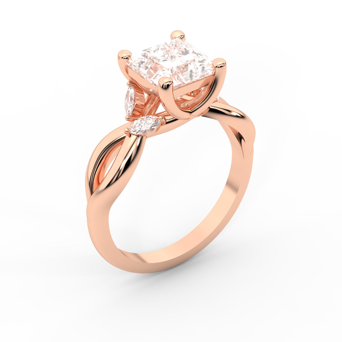 Princess Cut Lab Grown Diamond and Marquise Side Stone Engagement Ring in Rose Gold setting