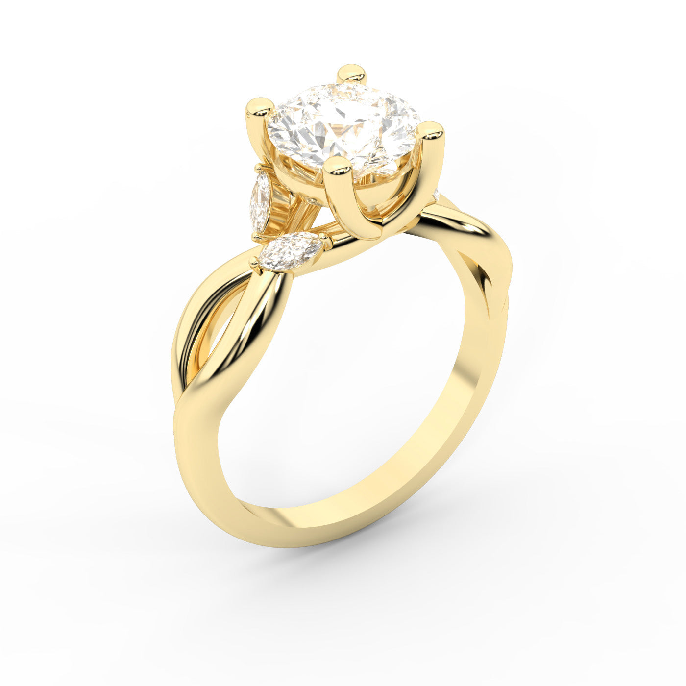 Round Cut Lab Grown Diamond Twisted Engagement Ring in Yellow Gold
