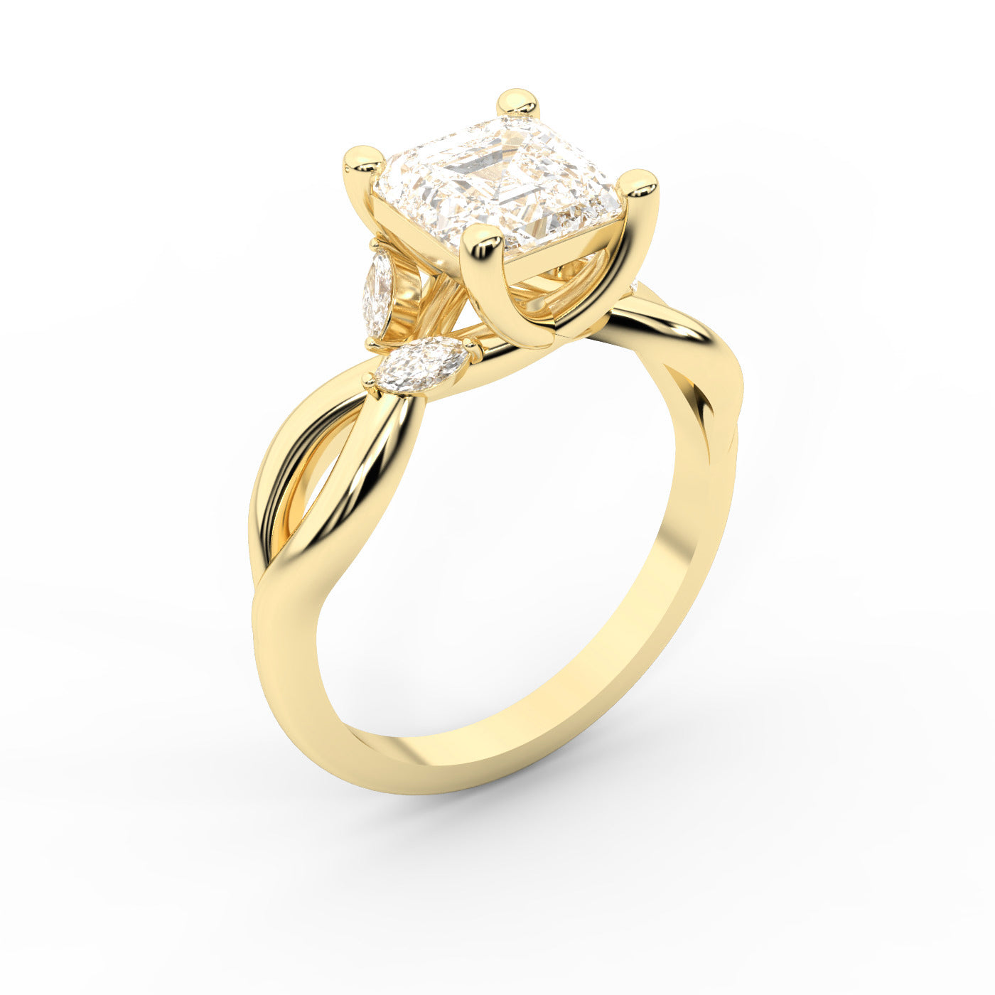 Asscher Cut Lab Grown Diamond Twisted Engagement Ring in Yellow Gold
