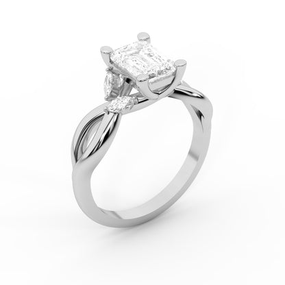 Emerald Cut Lab Grown Diamond Twisted Engagement Ring in Platinum with Marquise Side Stones
