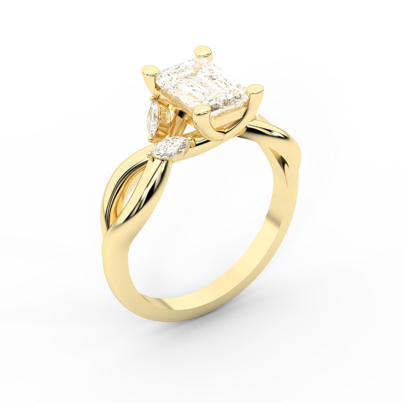 Emerald Cut Lab Grown Diamond Twisted Engagement Ring in Yellow Gold with Marquise Side Stones