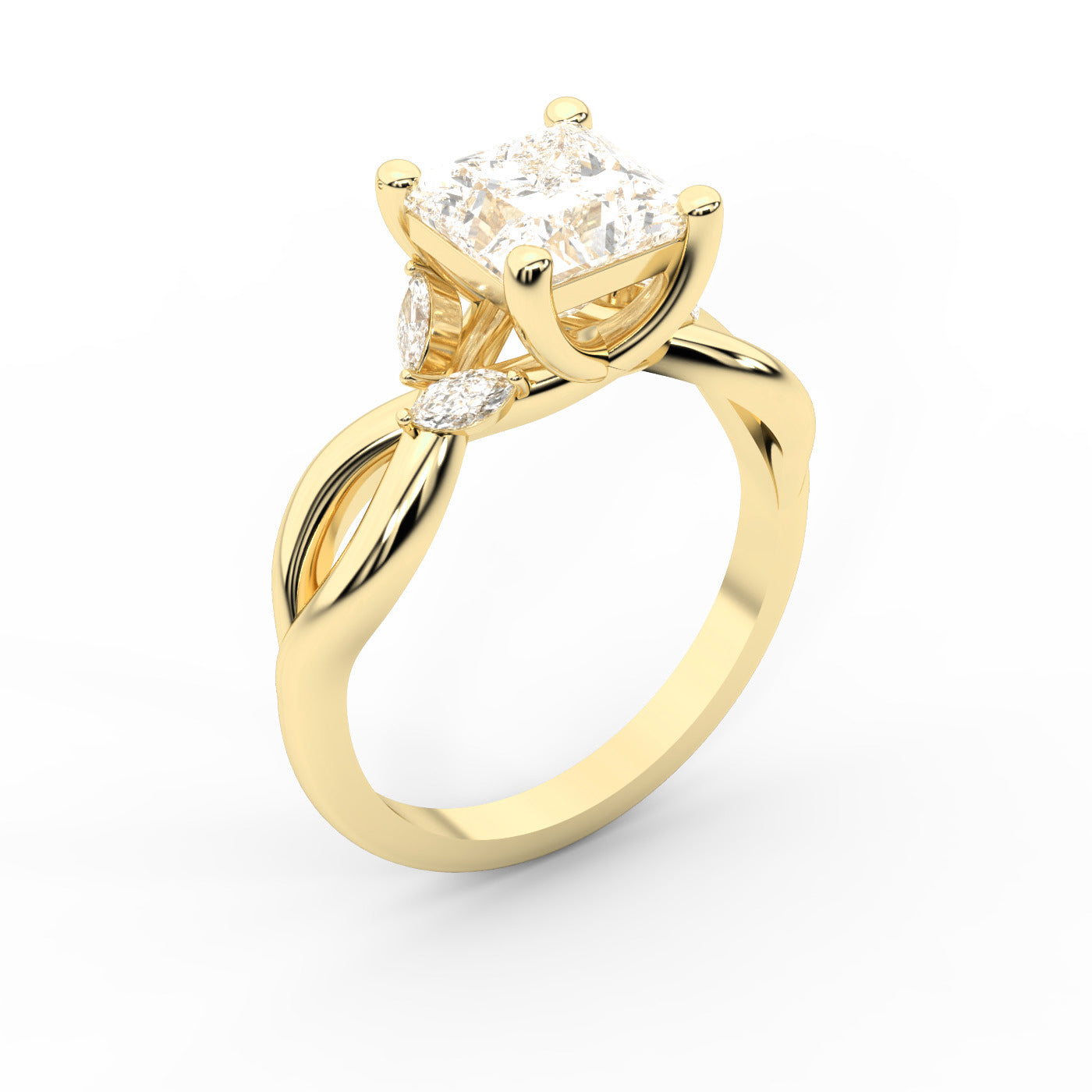 Princess Cut Lab Grown Diamond and Marquise Side Stone Engagement Ring in Yellow Gold