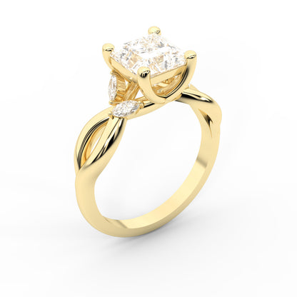 Princess Cut Lab Grown Diamond and Marquise Side Stone Engagement Ring in Yellow Gold