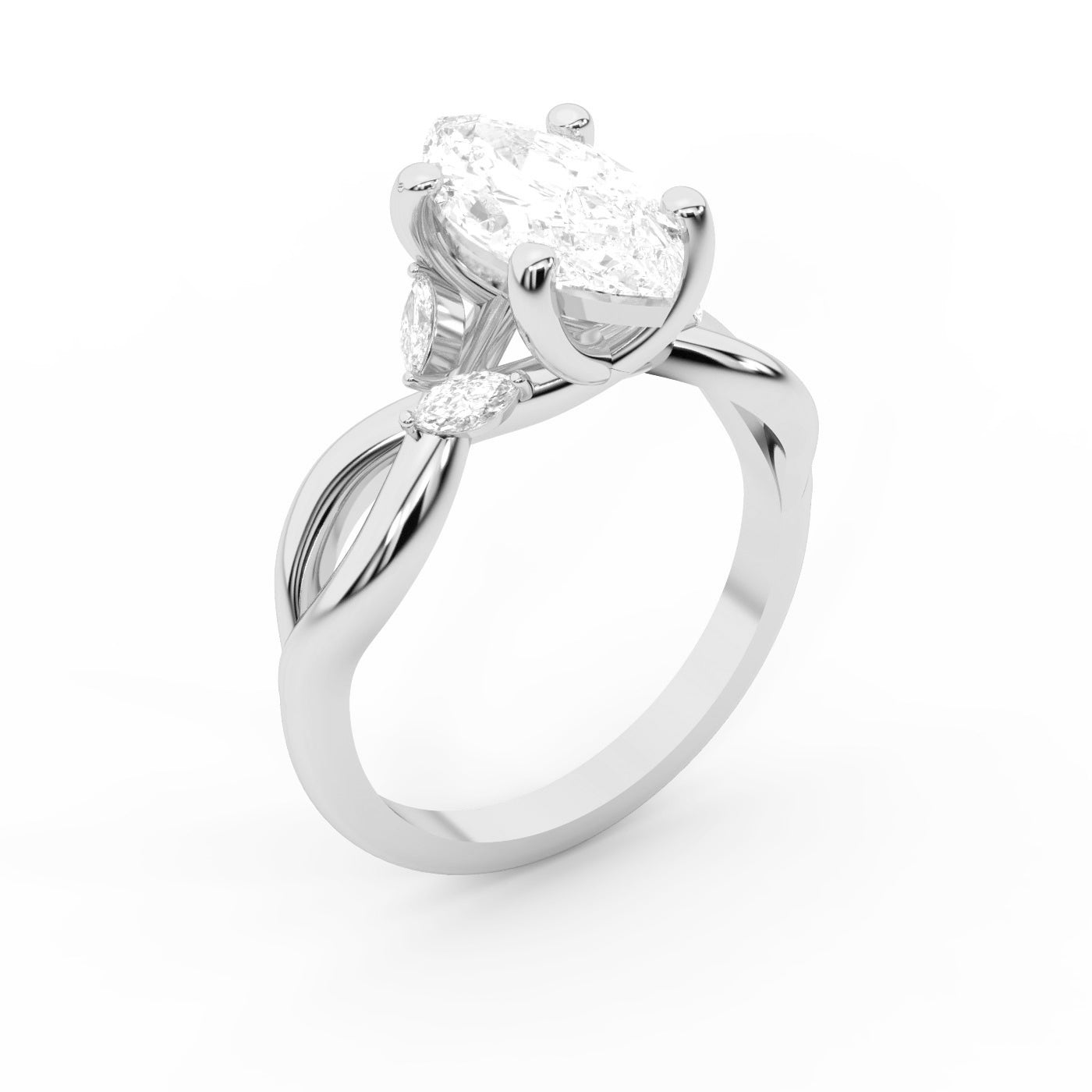 Marquise Cut Lab Grown Diamond Twisted Engagement Ring in Silver showing side stones
