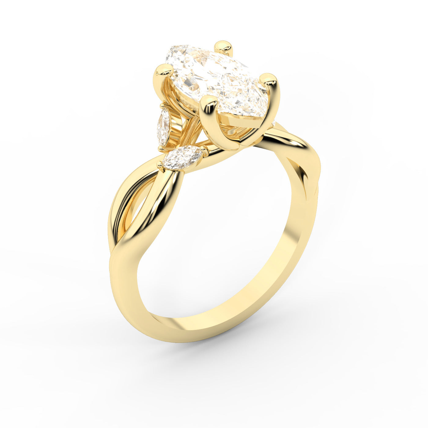 Marquise Cut Lab Grown Diamond Twisted Engagement Ring in Yellow Gold with side stones