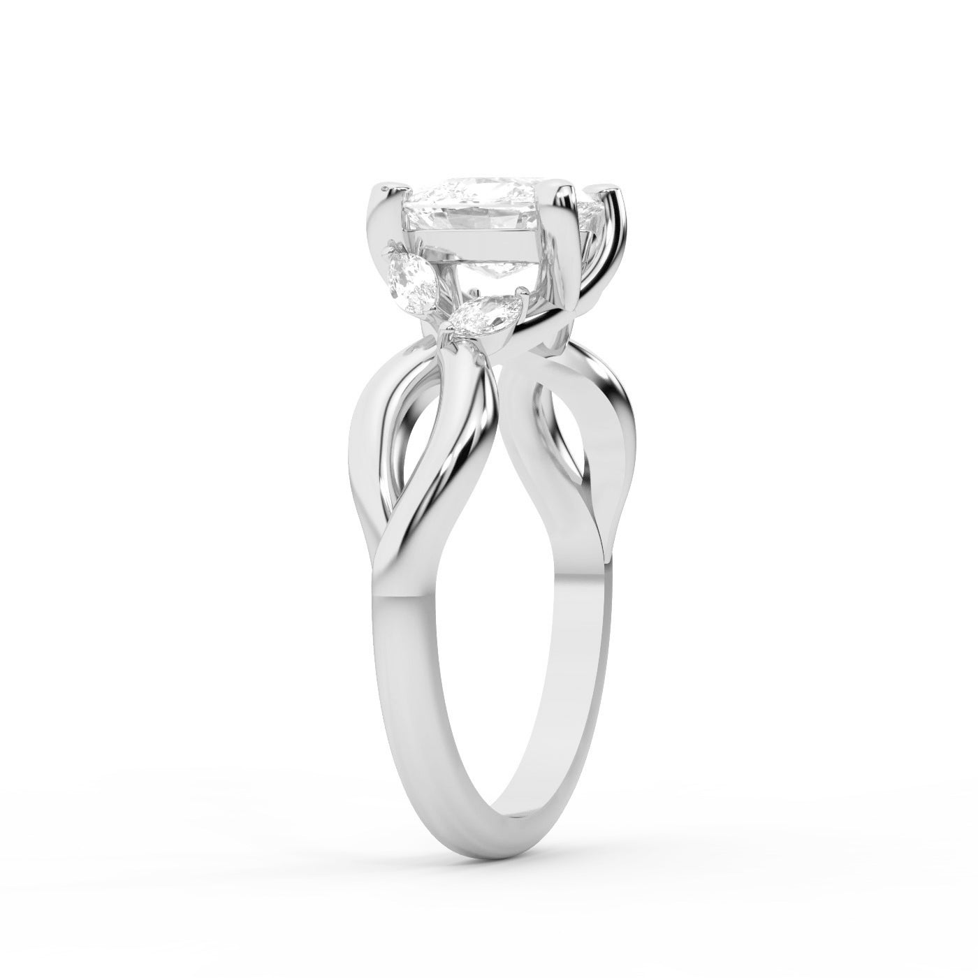 Cushion Cut Lab Grown Diamond Engagement Ring with Marquise Side Stones in Silver