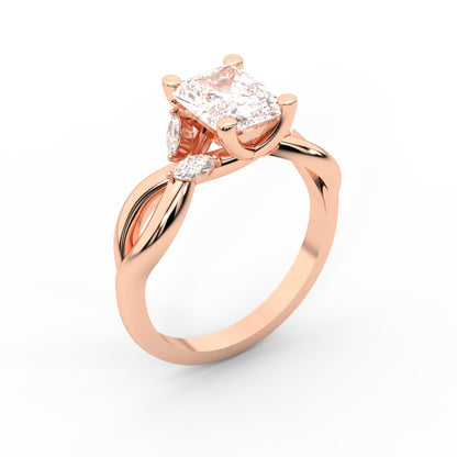 Radiant Cut Lab Grown Diamond Engagement Ring with Marquise Side Stones in Rose Gold with Twisted Band