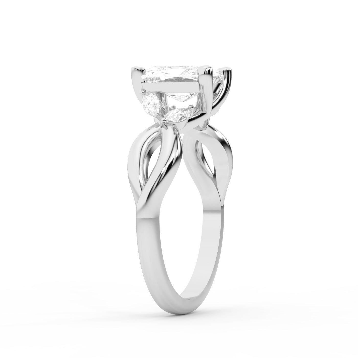 Radiant Cut Lab Grown Diamond Engagement Ring with Marquise Side Stones in Platinum with Twisted Band