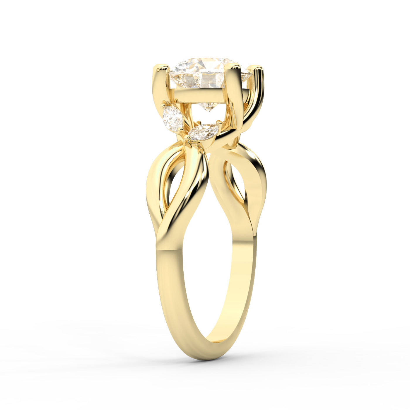 Round Cut Lab Grown Diamond Twisted Engagement Ring in Yellow Gold