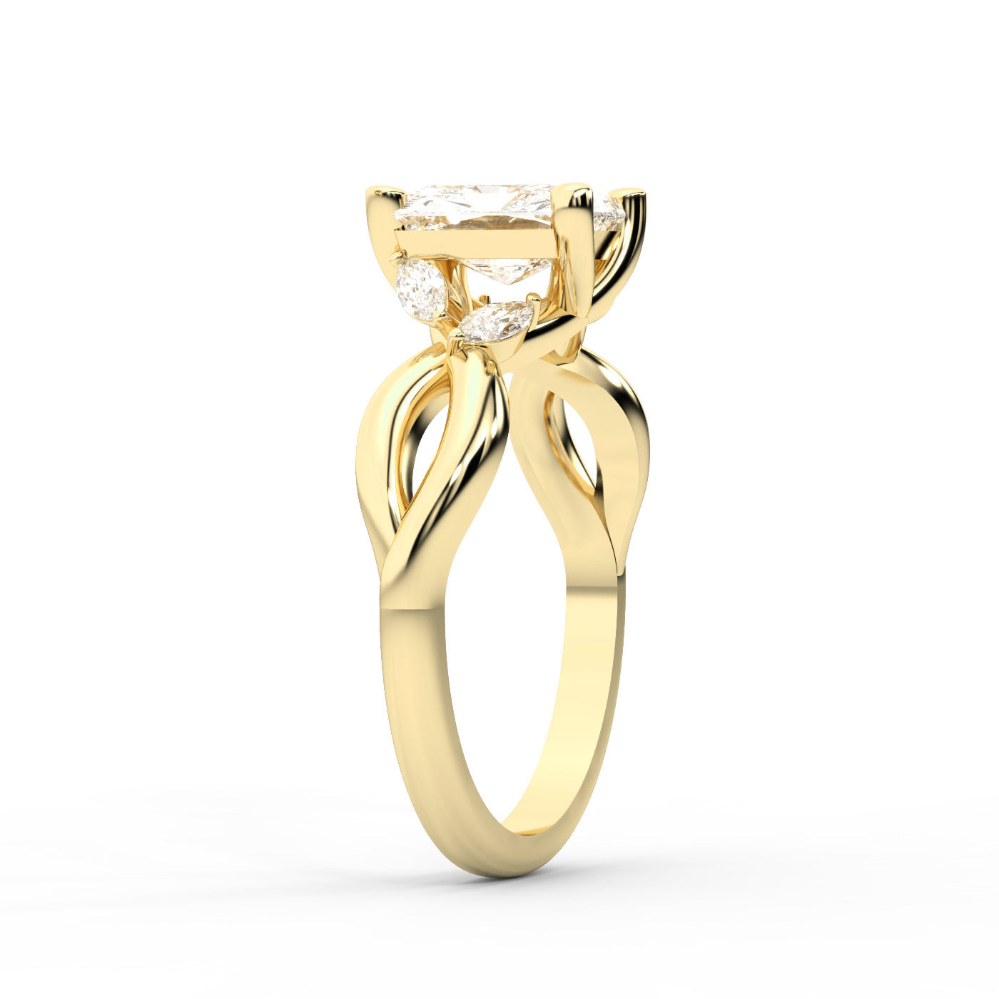 Radiant Cut Lab Grown Diamond Engagement Ring with Marquise Side Stones in Yellow Gold with Twisted Band