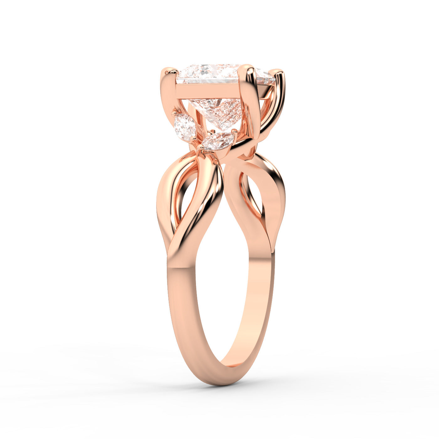 Princess Cut Lab Grown Diamond and Marquise Side Stone Engagement Ring in Rose Gold setting
