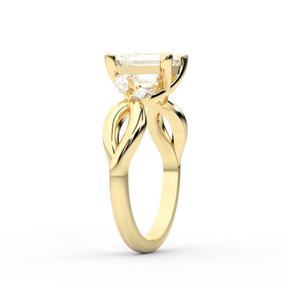 Emerald Cut Lab Grown Diamond Twisted Engagement Ring in Yellow Gold with Marquise Side Stones