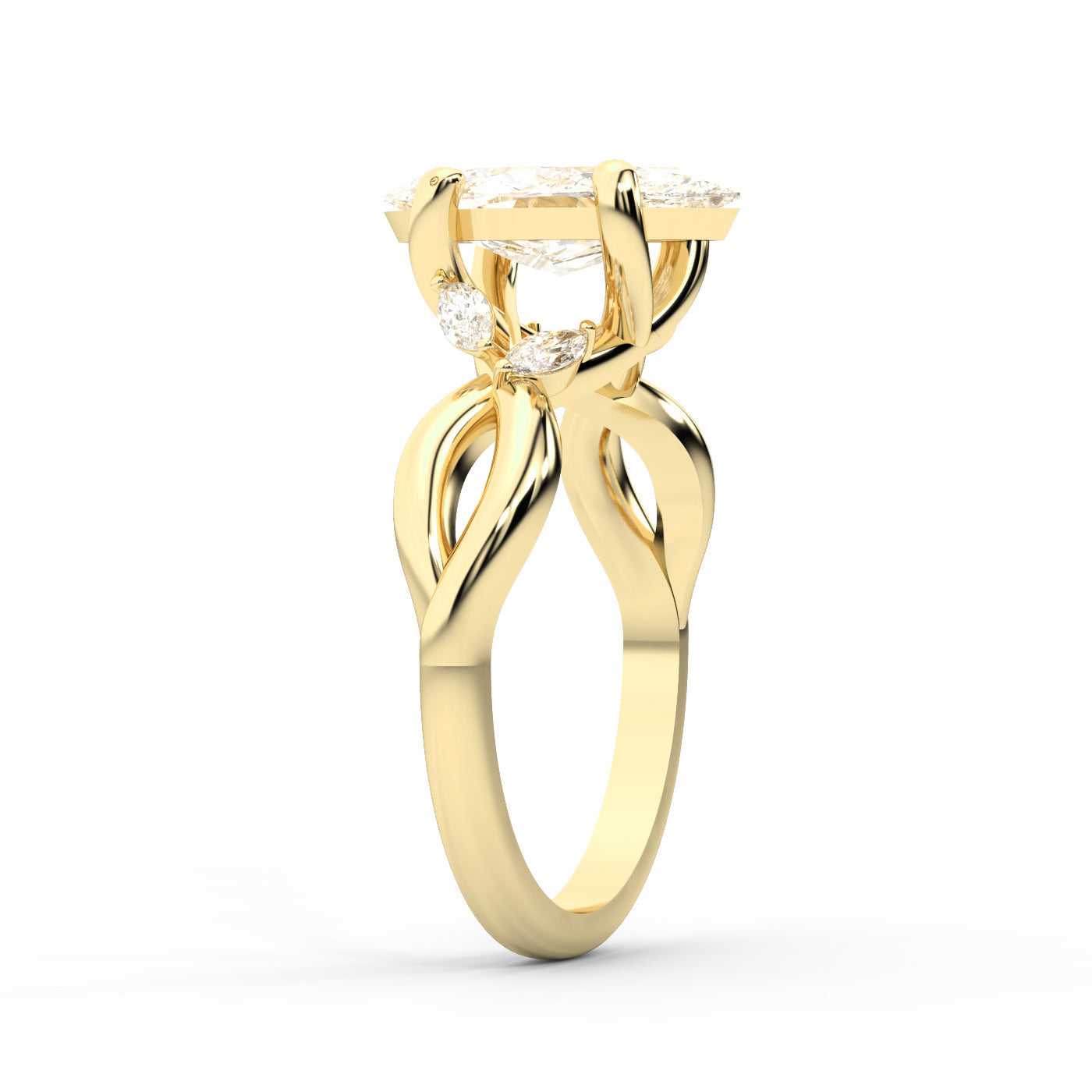 Marquise Cut Lab Grown Diamond Twisted Engagement Ring in Yellow Gold with side stones