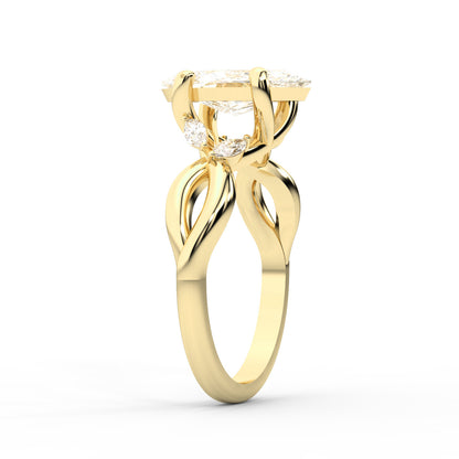 Marquise Cut Lab Grown Diamond Twisted Engagement Ring in Yellow Gold with side stones