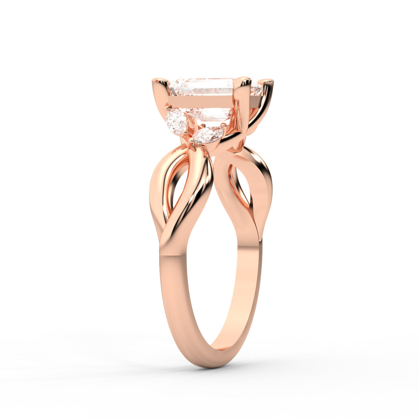 Emerald Cut Lab Grown Diamond Twisted Engagement Ring in Rose Gold with Marquise Side Stones