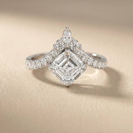 Asscher Cut Lab Grown Diamond Engagement Ring in Platinum with unique diamond accent