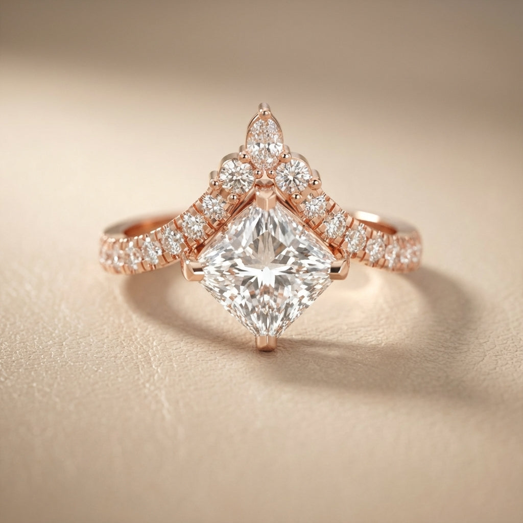 Princess Cut Lab Grown Diamond Engagement Ring with Side Stones in Rose Gold