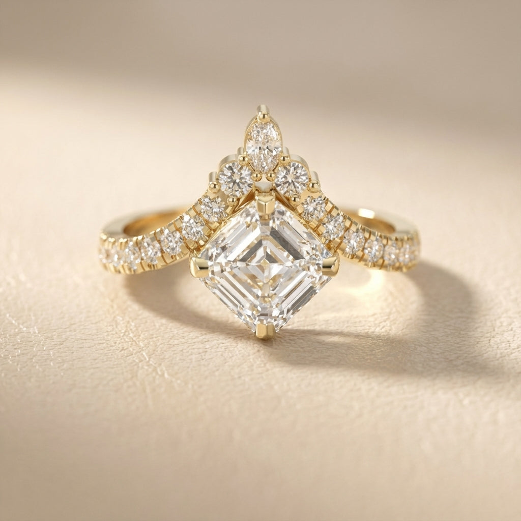 Asscher Cut Lab Grown Diamond Engagement Ring in Yellow Gold with unique diamond accent