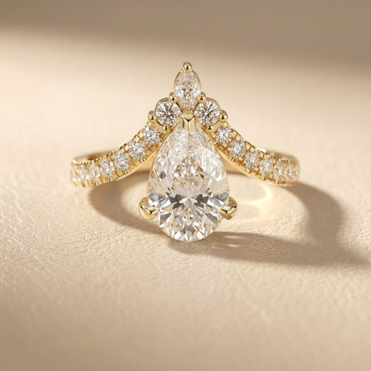 Pear Cut Lab Grown Diamond Engagement Ring in Yellow Gold with side stone accents