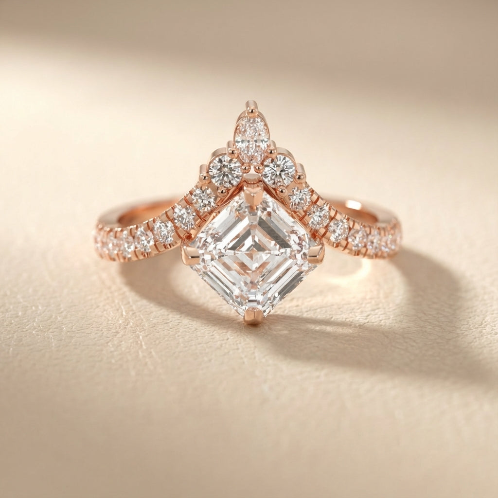 Asscher Cut Lab Grown Diamond Engagement Ring in Rose Gold with unique diamond accent