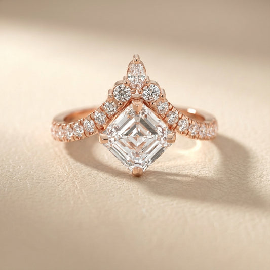 Asscher Cut Lab Grown Diamond Engagement Ring in Rose Gold with unique diamond accent