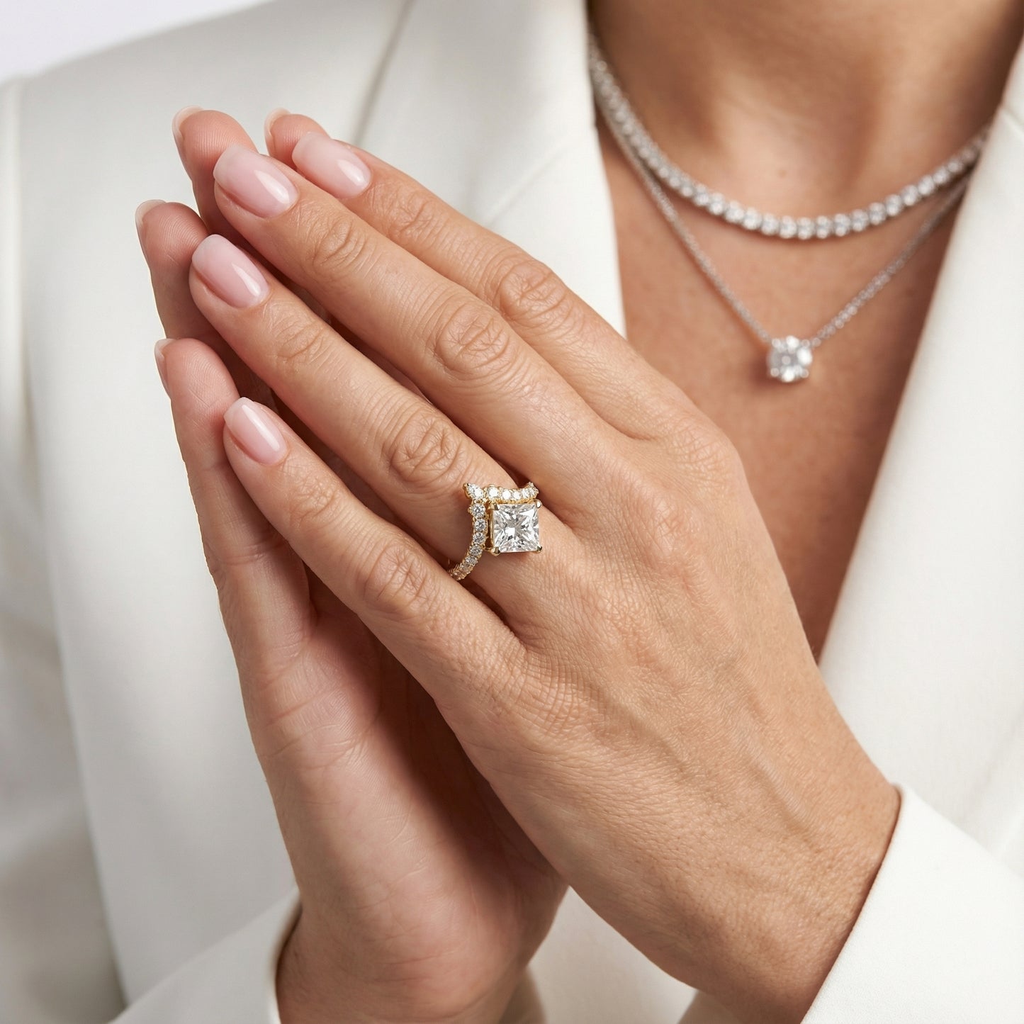 Princess Cut Lab Grown Diamond Engagement Ring with Side Stones in Yellow Gold