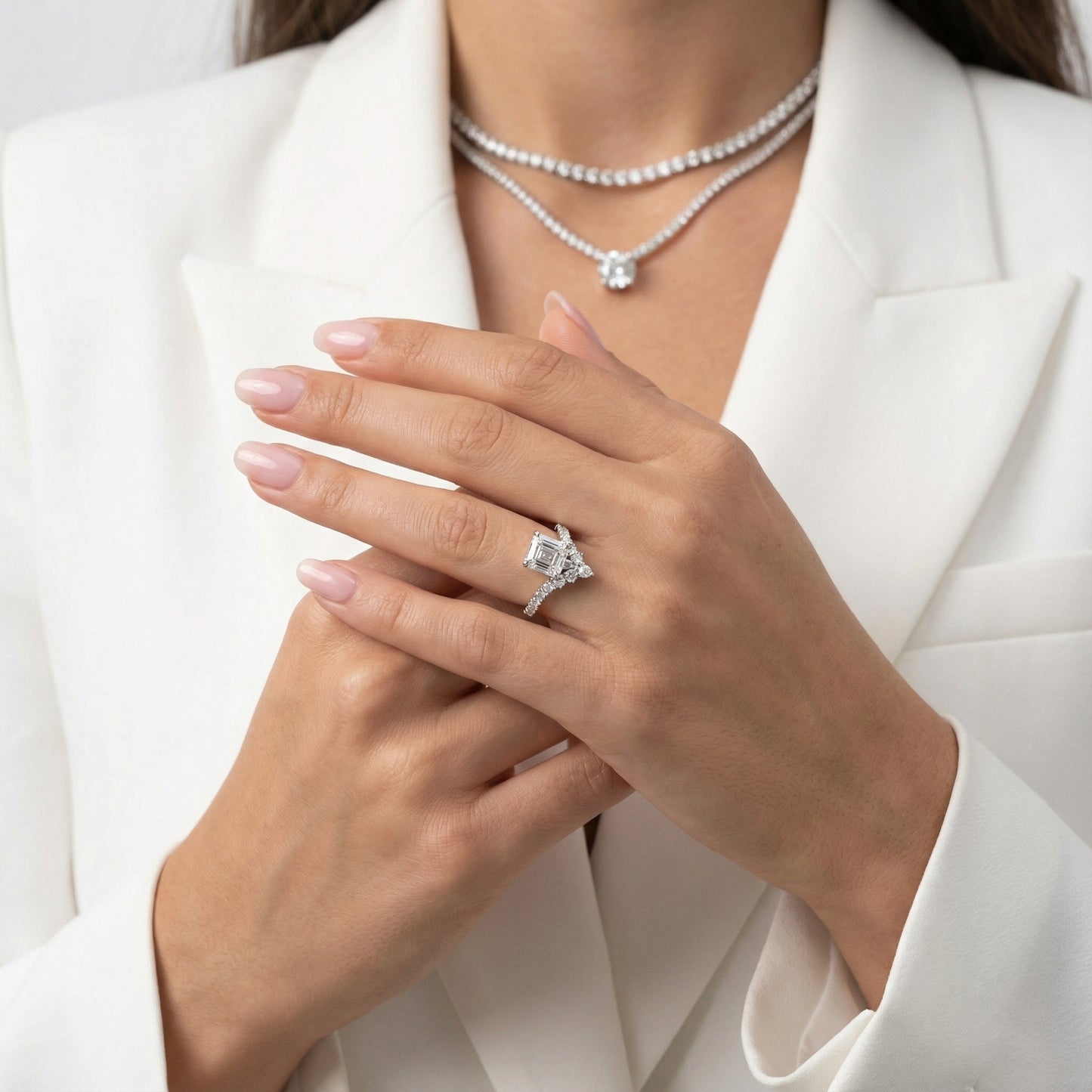 Asscher Cut Lab Grown Diamond Engagement Ring in White Gold with unique diamond accent