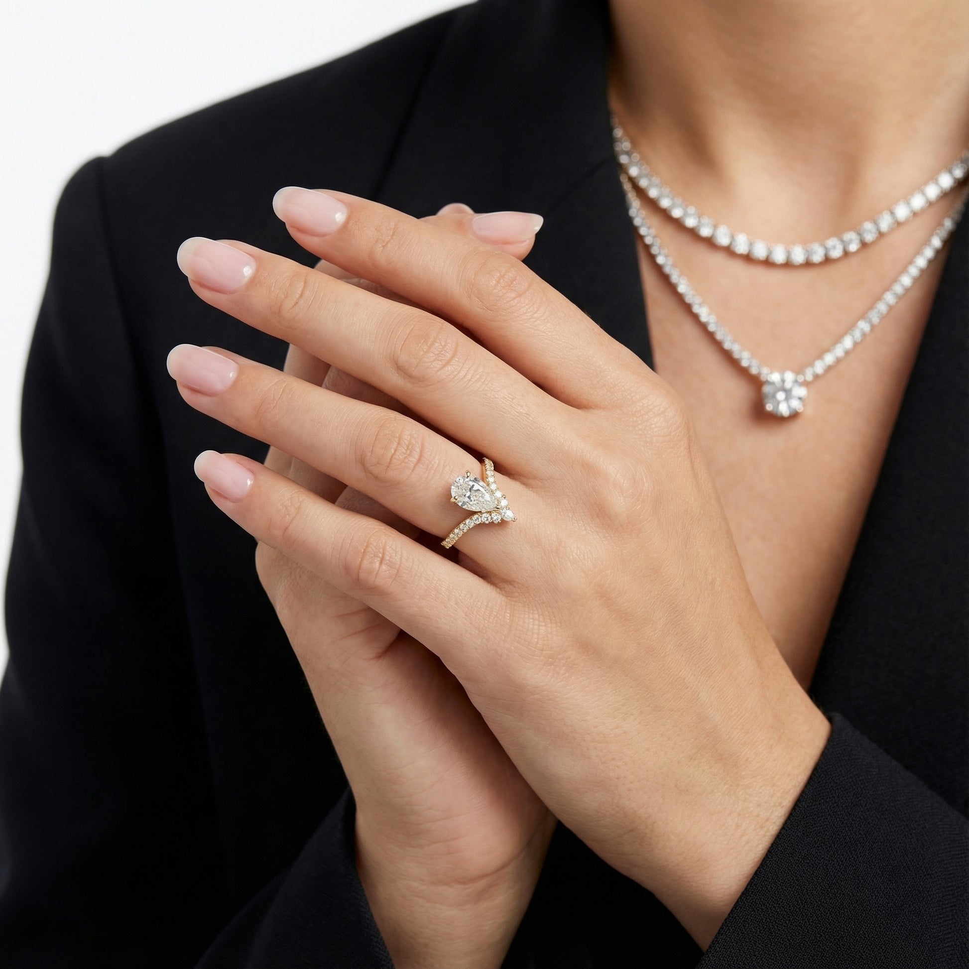 Pear Cut Lab Grown Diamond Engagement Ring in Yellow Gold with side stone accents