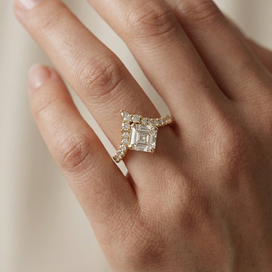Asscher Cut Lab Grown Diamond Engagement Ring in Yellow Gold with unique diamond accent