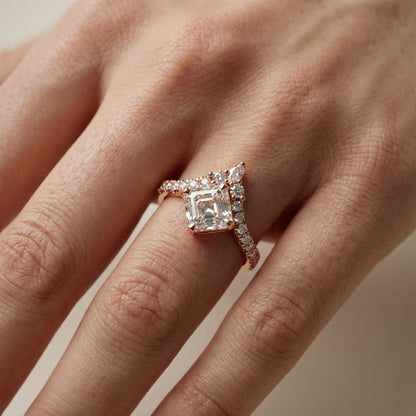 Asscher Cut Lab Grown Diamond Engagement Ring in Rose Gold with unique diamond accent
