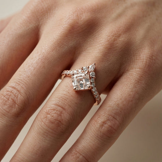 Asscher Cut Lab Grown Diamond Engagement Ring in Rose Gold with unique diamond accent