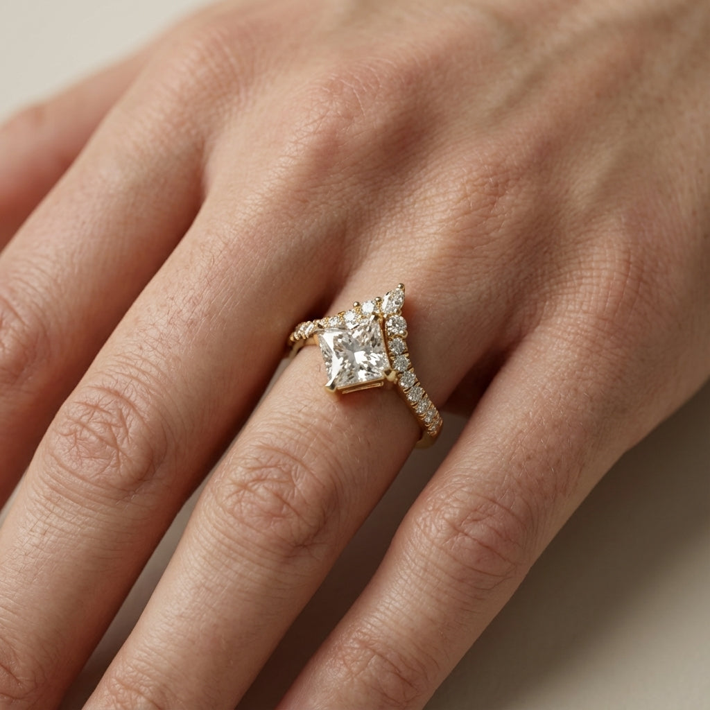 Princess Cut Lab Grown Diamond Engagement Ring with Side Stones in Yellow Gold