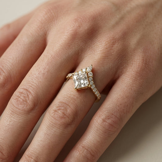 Princess Cut Lab Grown Diamond Engagement Ring with Side Stones in Yellow Gold