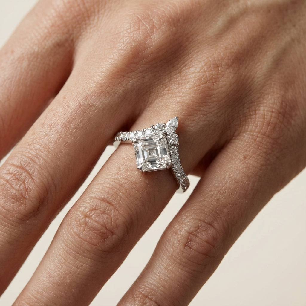 Asscher Cut Lab Grown Diamond Engagement Ring in Platinum with unique diamond accent